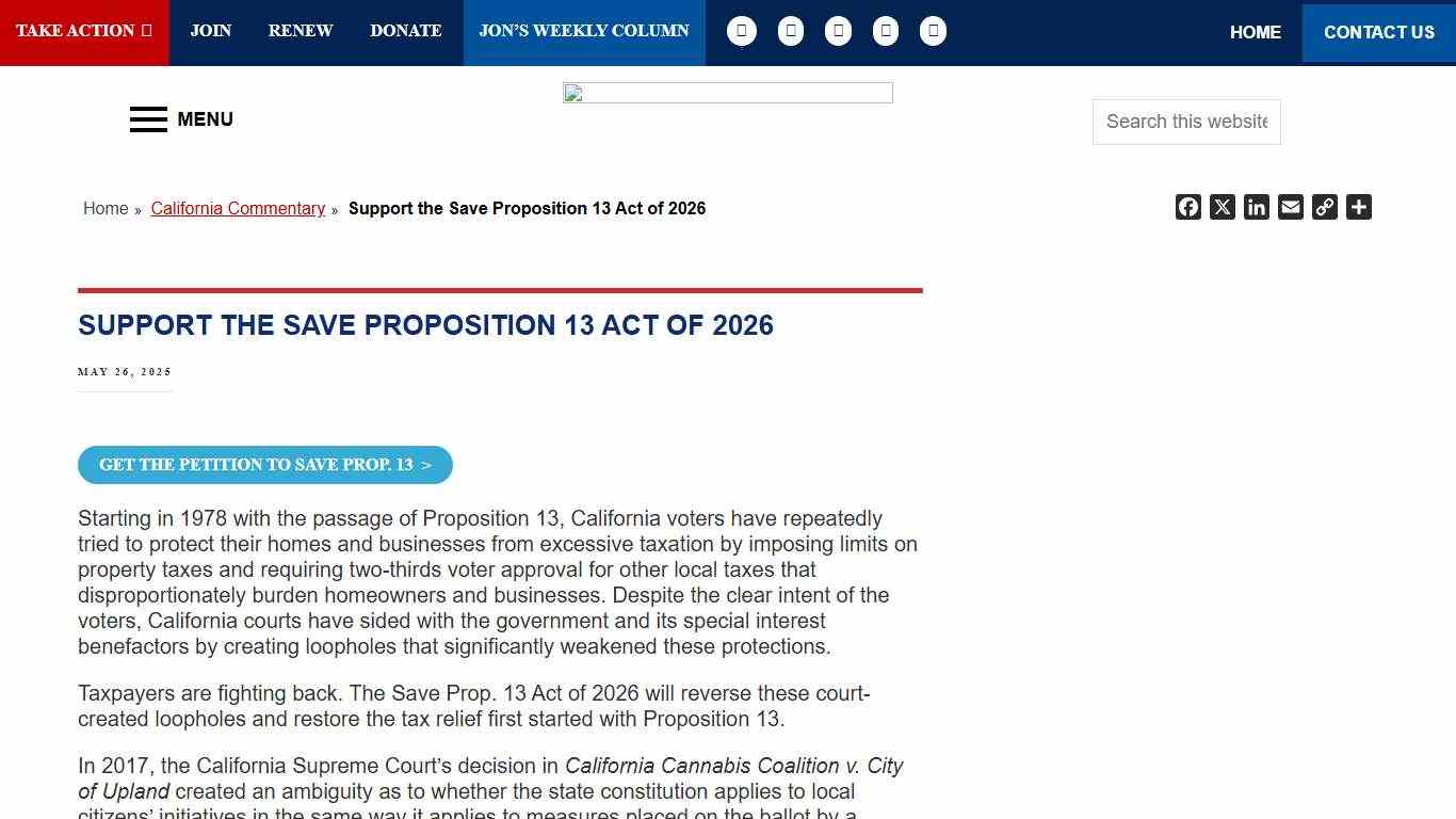 Support the Save Proposition 13 Act of 2026