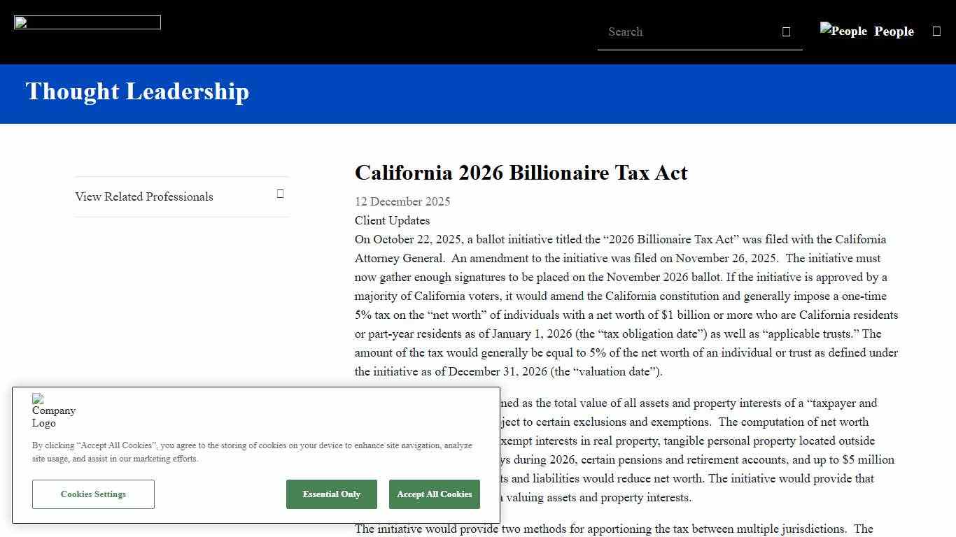 California 2026 Billionaire Tax Act | Thought Leadership | Baker Botts